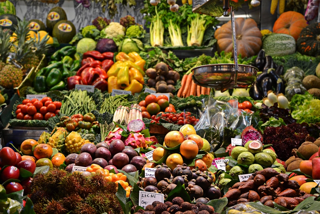 Reusable bag of fresh market vegetables for budget sustainable living
